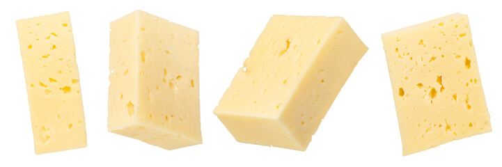 Pieces of cheese isolated on white background. Cheese for pizza. Cheese cut into squares on a white background, close-up. To insert into a design or project