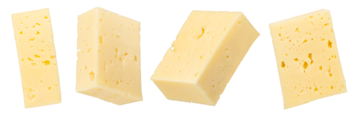 Pieces of cheese isolated on white background. Cheese for pizza. Cheese cut into squares on a white background, close-up. To insert into a design or project