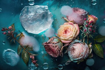 Naklejka na ściany i meble Summer flowers and roses in frozen water with bubbles on a colorful backdrop. Generative AI