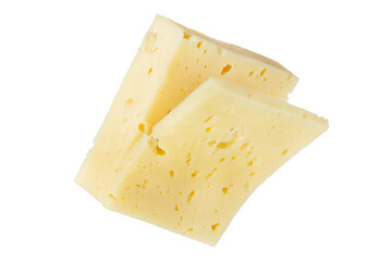 A large piece of cheese with a slice cut off, isolated on a white background. Cheese for pizza. Sliced piece of cheese on a white background close-up. Insert into a design or project.