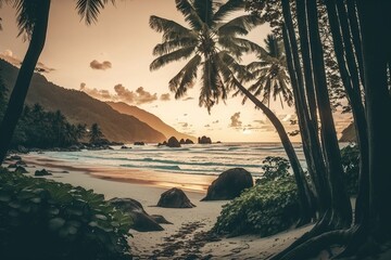 Takamaka Beach, Mahe Island, Seychelles, at sunset. Generative AI