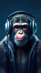 Cool young DJ chimpanzee with headphones enjoys the music