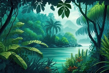 Tropical trees and leaves wallpaper design in a misty forest - illustration. Generative AI