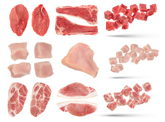 Pieces of raw meat of different varieties isolated on white background. Set of fresh meat pieces of...