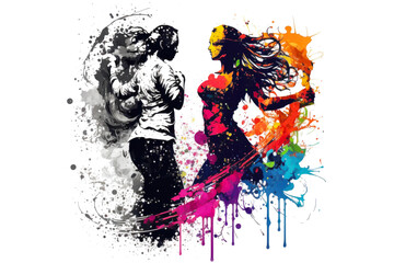 Naklejka na ściany i meble Happy Couple in Modern Dance. AI generative. Colorful Ink Painting Isolated on White Background.