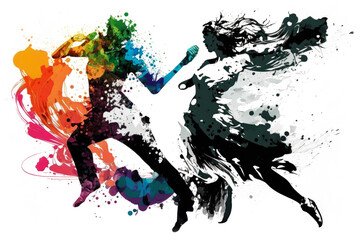 Happy Man and Woman in Modern Dance. AI generative. Colorful Ink Painting Isolated on White Background.