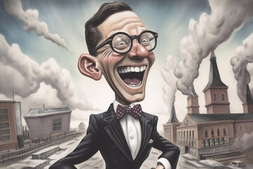 Crooked businessman in front of a polluting factory