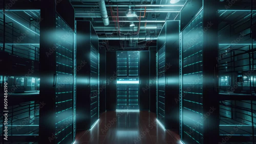 Poster Big cloud data center, computer networking server room warehouse. Information technology concept. Generative AI