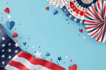 Obraz premium USA Independence Day concept. Top view flat lay of american flag, patriotic folding paper fans, hearts, star-shaped confetti on light blue background with space for promo or greetings