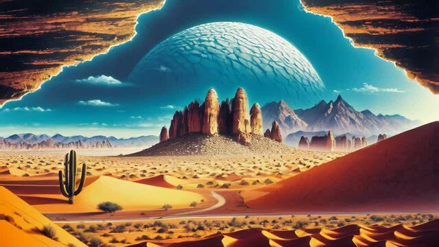 For space exploration and science fiction backgrounds, imagine a red planet with a desolate terrain, rocky hills and mountains, and a massive moon that resembles Mars at the horizon. Generative AI