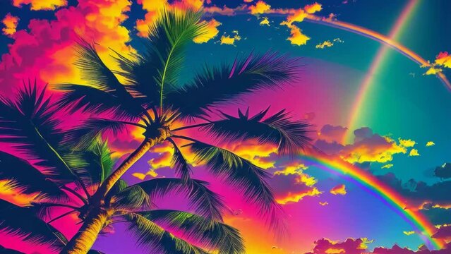 Tropical neon, iridescent, green palm leaves, floral pattern background illustration. Generative AI