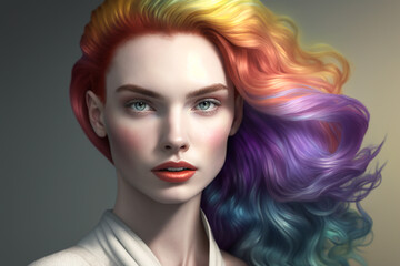 Fototapeta premium Portrait of a woman with rainbow hair, fictitious person. AI generated image
