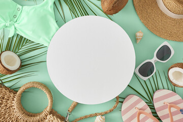 The idea of a vacation in the summertime. Top view flat lay of beach accessories, tropical leaves, ripe coconuts and seashells on turquoise background with blank circle for advert or text