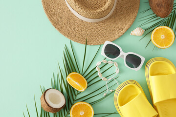 Idea of a coastal summer getaway. Top view flat lay of yellow flip flops, sun hat, sunglasses,...