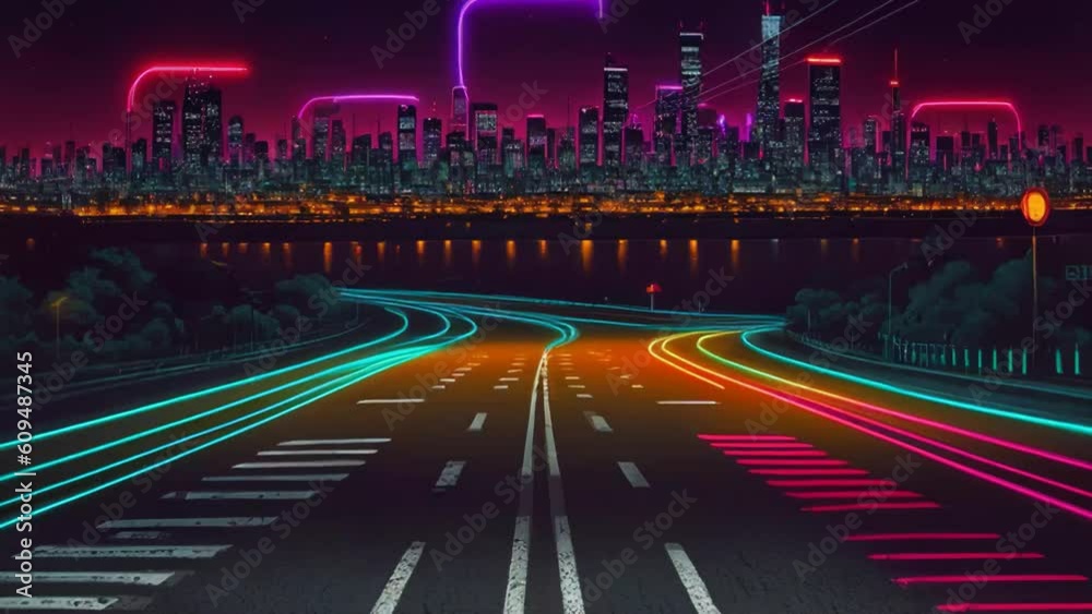 Poster Abstract highway path through digital smart city graphic design. Peculiar AI generative