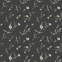 Watercolor seamless pattern with stellaria holostea. Rabelera holostea. Hand painted small white flower and leaves isolated on gray background. Illustration for design, fabric, print or background.
