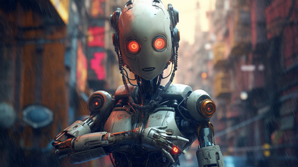 Fototapeta premium A robot from a fantasy world on a city street