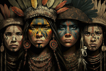 Group of native americans with colorful traditional makeup and feather headdress. Portrait of native american people. Generative AI. - obrazy, fototapety, plakaty