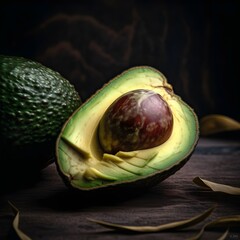 green full avocado next to a split cut into two avocado on black background