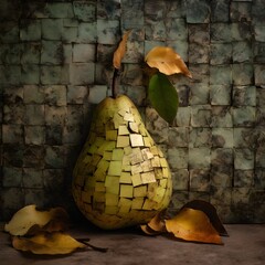pear made of mosaic pieces next to antique  dark tiled wall surface 