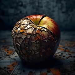 apple partially made up of mosaic pieces on dark surface made of mosaic pieces