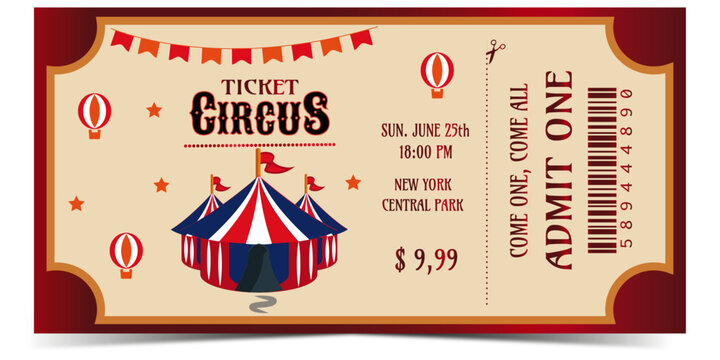  Circus ticket template. Carnival ticket. Ready to print. Cmyk vector illustration