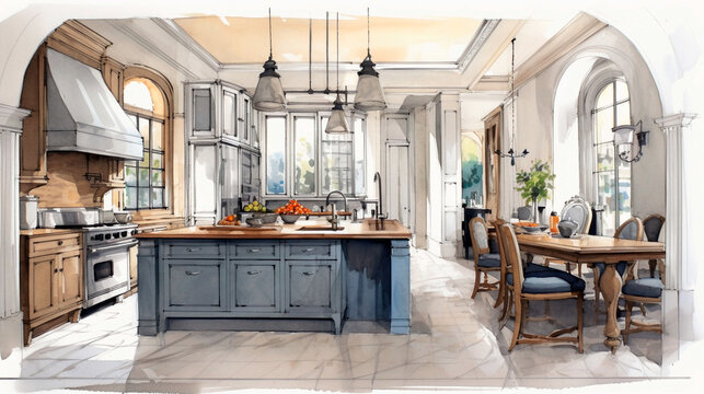 Not finished hand drawn design of kitchen, with big windows, colored sketch kitchen with marble counter tops. generative AI