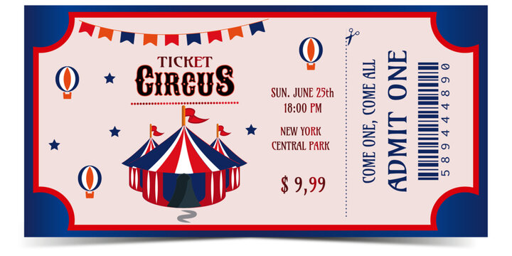 Circus ticket template. Carnival ticket. Ready to print. Cmyk vector illustration