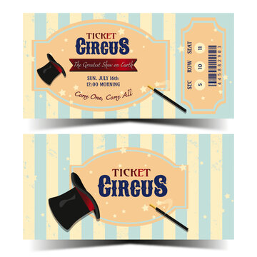Circus ticket template. Front and back. Carnival ticket. Ready to print. Cmyk vector illustration
