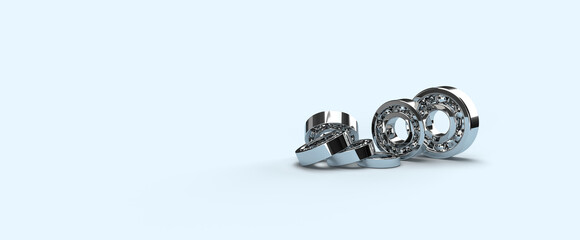 3d render illustration of a pattern of metal bearings. Illustration on the topic of mechanisms, mechanics, technologies, production, industry. Blue background.