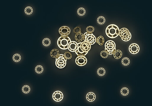 3d render illustration of a pattern of gold bearings. Illustration on the topic of mechanisms, mechanics, technologies, production, industry. Dark background