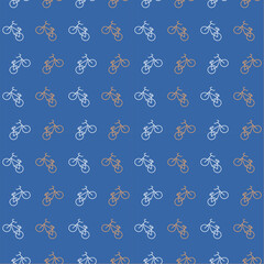 Fototapeta na wymiar Pattern icons of bicycles ride on the rear wheel. Seamless print on a blue background. Cycling, spinning wheels. Journey on ecological transport. Vector illustration.