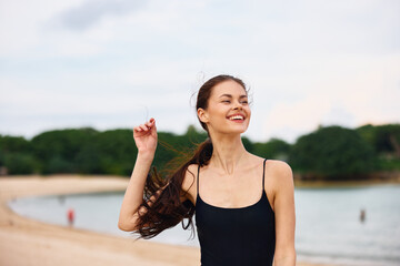 woman sea summer sunset travel young lifestyle beach smile running beauty