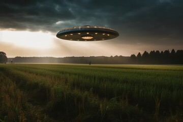 Naklejka na ściany i meble UFO, alien spacecraft with a blue beam of light, hovered over the field and farm. realistic illustration. Generative AI