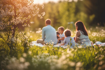 A family enjoying a picnic in a blooming meadow, vacation, bokeh Generative AI