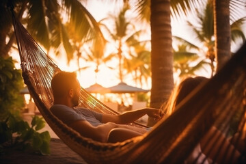 A couple relaxing in hammocks under swaying palm trees, vacation, bokeh Generative AI