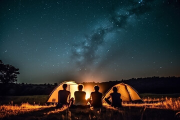 A group of friends camping under a starry night sky, vacation, bokeh Generative AI - obrazy, fototapety, plakaty