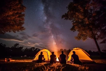 Papier Peint photo autocollant Camping A group of friends camping under a starry night sky, vacation, bokeh Generative AI