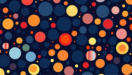 Seamless background for a greeting card. Rainbow on black. Bright dot print for textiles. Colored dots of different sizes.