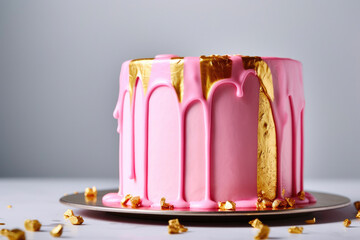 Regal Pink Cake Adorned with Glorious Golden Drips. Generative AI