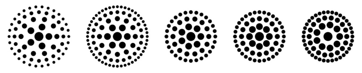 Set of small concentrating circles sunburst radiating from centre forming one larger round object, version with 5 to 9 rays