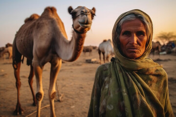 A Woman's Journey with a Camel by Her Side. Generative AI