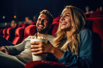 Blissful Movie Date: A Happy Young Couple Enjoying Cinema. Generative AI