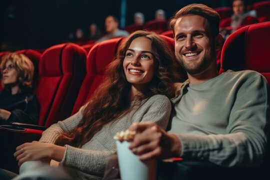 Love and Laughter: Young Couple Delighting in Movie Magic. Generative AI