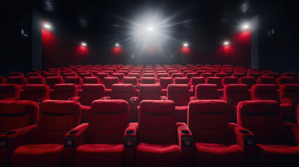 Rows Of Comfortable Red Chairs In Dark Cinema Theater. Generative AI
