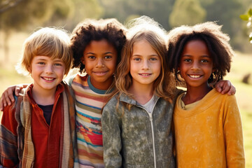 Obraz premium Joyful Multicultural Children Bonding in the Country. Generative AI