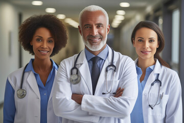 Portrait Of Multi-Cultural Medical Team Standing In Hospital Corridor. Generative AI