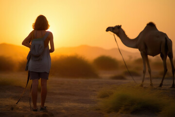 Majestic Camels: Woman Enjoys the Desert. Generative AI
