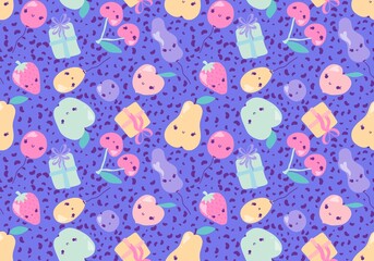 Summer cartoon fruit seamless apples and cherry and peaches and plums and pears pattern for birthday gifts