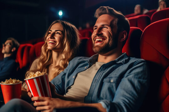 Romantic Film Delight: Smiling Couple Cherishing Cinema. Generative AI